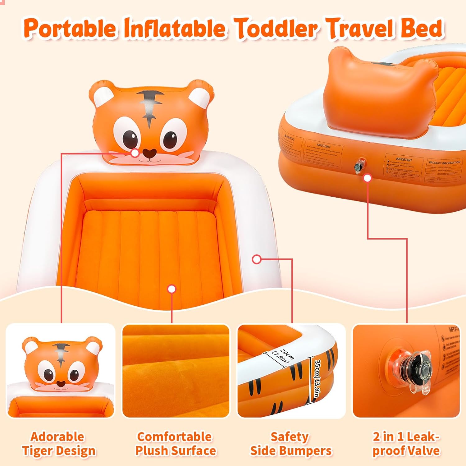 ABCKEY Toddler Portable Inflatable with Hand Pump, Detachable Design, Soft Surface for Camping, Travel, Home Comfort