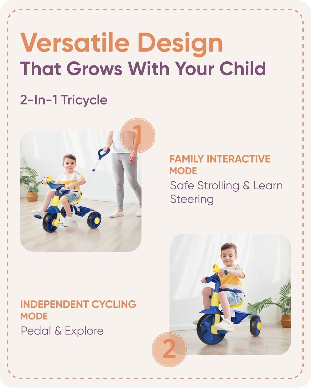 KRIDDO 2 in 1 Kids Tricycles Age 18 Month to 3 Years, EVA Wheels Upgraded Trikes Gift for Toddlers 2 to 3 Year Old with Push Handle and Duck Bell, Blue