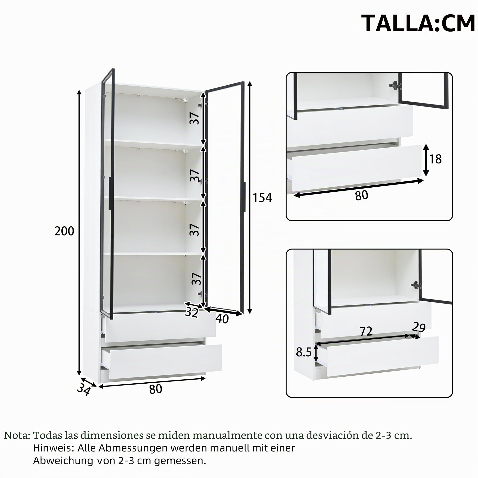 LAKFEW Vitrina con LED y Almacenaje, Vitrina Cristal con 2 Cajones y 2 Puertas de Cristal, Vitrina Expositora Mueble Salon para Despacho, Vitrinas para Salon, 80x34x200 cm, Blanco
