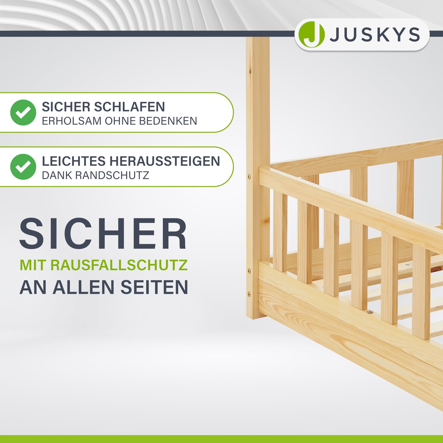 Juskys® Kinderbett Marli 90 x 200 cm mit Rausfallschutz, Lattenrost und Dach - Massivholz Hausbett für Kinder - Bett in Natur