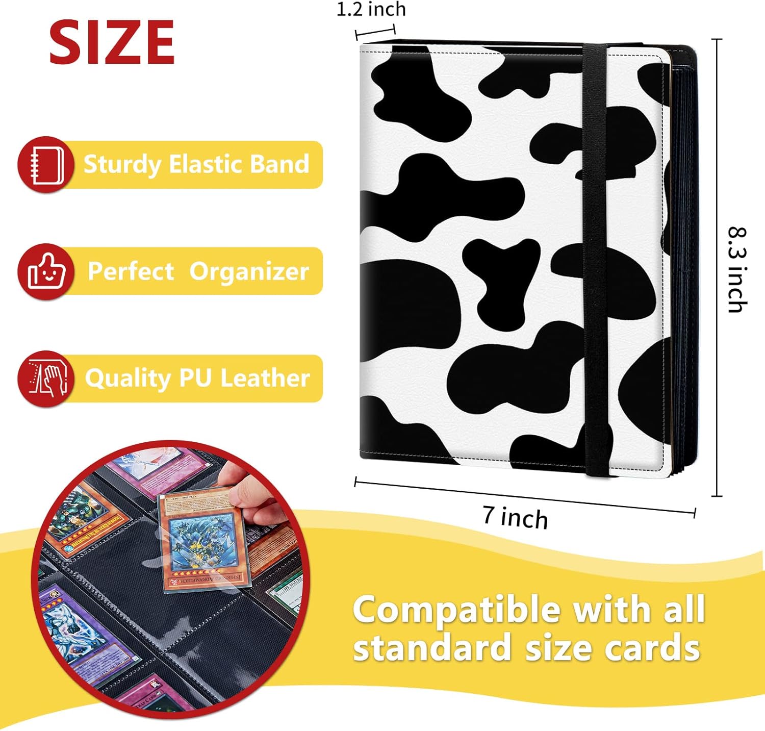 4-Pocket Card Binder 50 Pages Holds 400 Cards, Card Book Collector Album Folder for Yugioh, MTG, TCG, Cute PU Leather Trading Card Holder with Elastic Strap, Cow Print