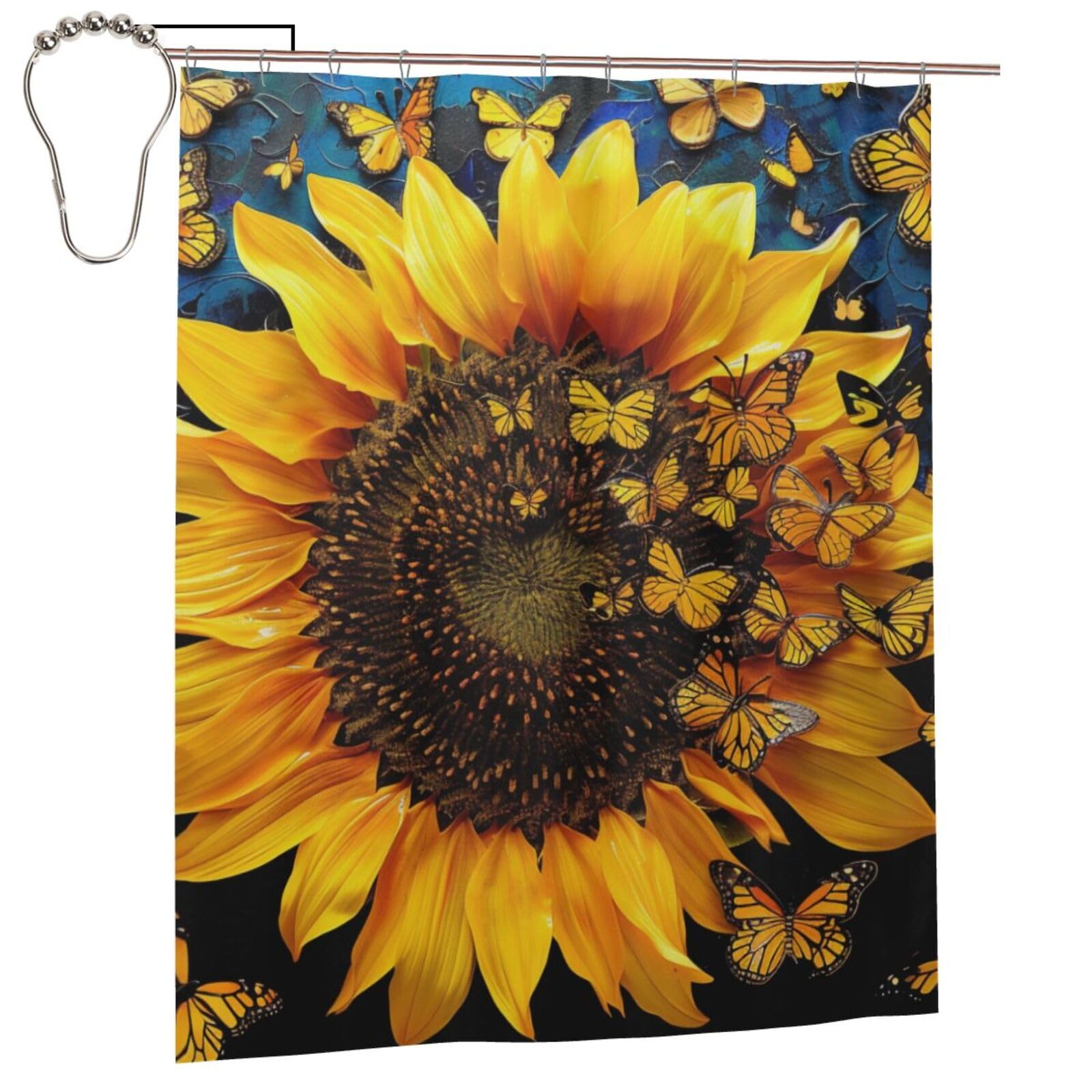 BWWHCCTI Sunflower Floral Butterflies Art Printed Shower Curtain With 12 Iron Hooks Opaque Quick Drying Waterproof Shower Curtains Sets For Bathroom 152x183 Cm