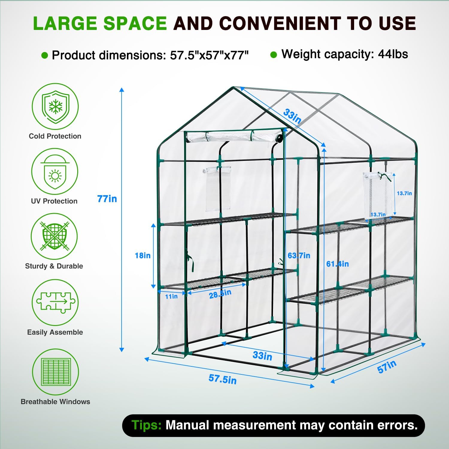 Yesker Greenhouse 57.5"x57"x77" Walk In Green House - Large Outdoor/Indoor Greenhouses with 8 Shelves Waterproof PVC Cover & Windows, Portable Greenhouse Kit for Winter Backyard Gardening Patio, Clear