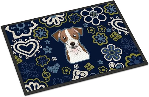 Miniatura 170 de Caroline's Treasures BB1449JMAT - Tapete de bienvenida de carlino negro, 24 x 36 pulgadas, tapete azul para puerta delantera, para interiores