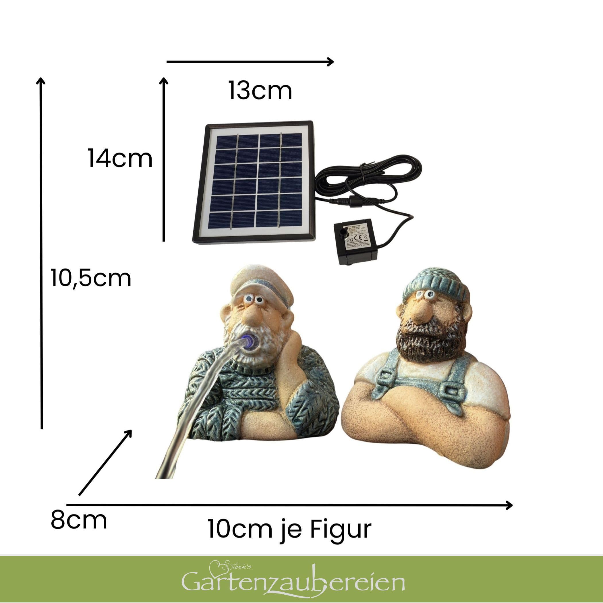 Storm's Gartenzaubereien Solar Miniteich Komplett-Set mit Zinkwanne – Wasserspeier Seemann Matrosen Figuren Duo aus Keramik, Solarpumpe, 6 Silberne Schwimmkugeln und saisonale Schwimmlinsen