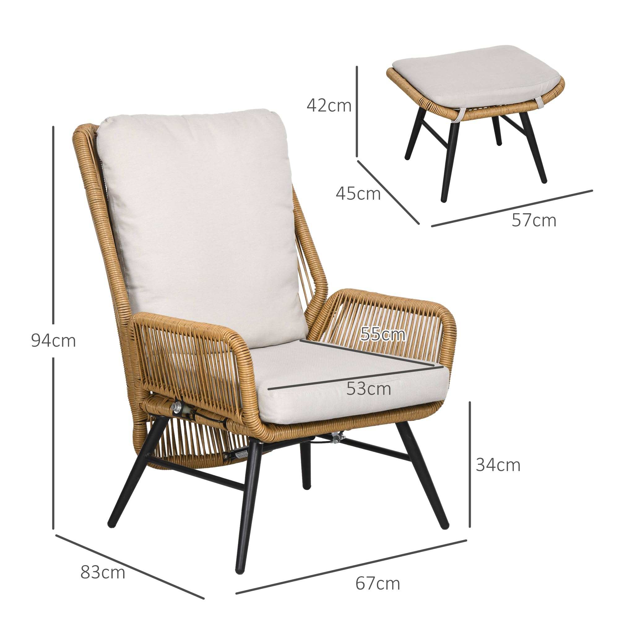 Outsunny Rattan fotel relaksacyjny z podnóżkiem, fotel ogrodowy z regulowanym oparciem, krzesło rattanowe z poduszką, do ogrodu, na balkon, stal, poliester, naturalny