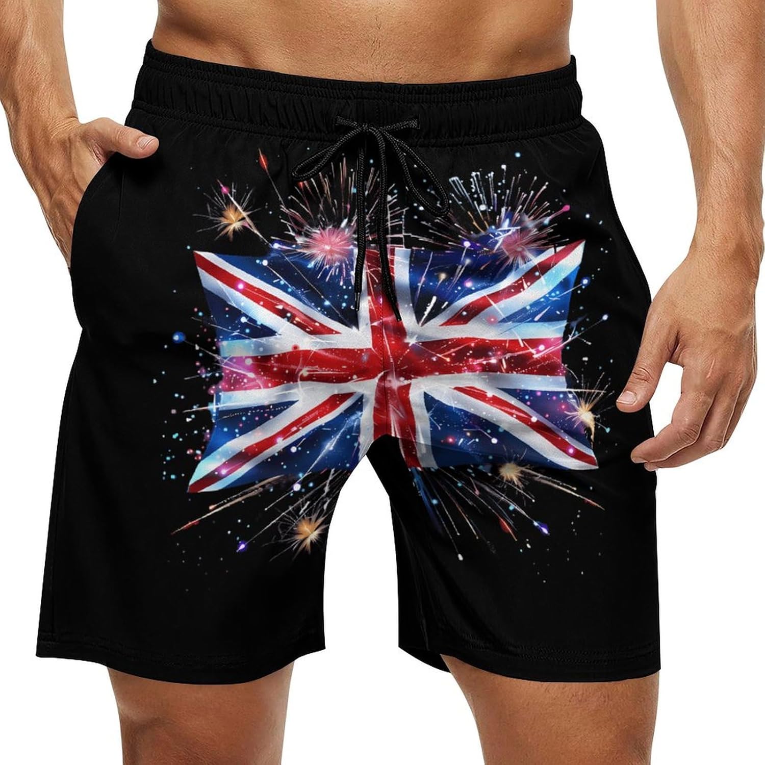 United Kingdom Flag Firework Casual Men's Swim Trunks Novelty Summer Beach Shorts Swimwear with Pocket