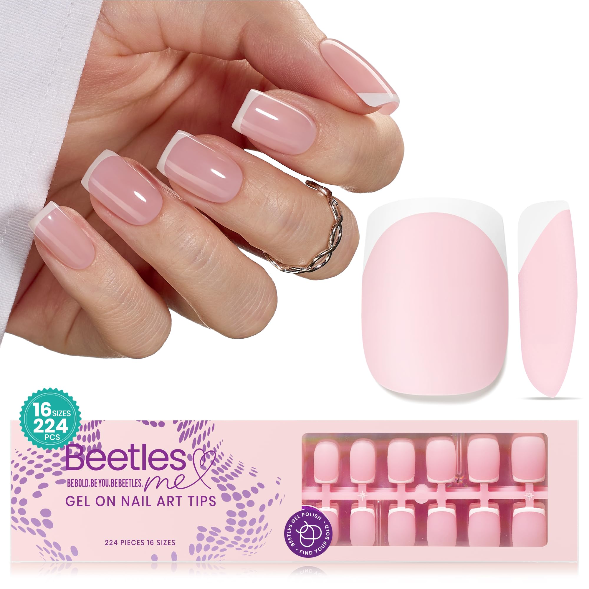 Beetles Short Square French Tip Press on Nails, 224Pcs French Tip Press on Nails Pink Short Square Shape Nail Tips, No Need to File Fake Nails for Nail Art DIY Gifts for Women