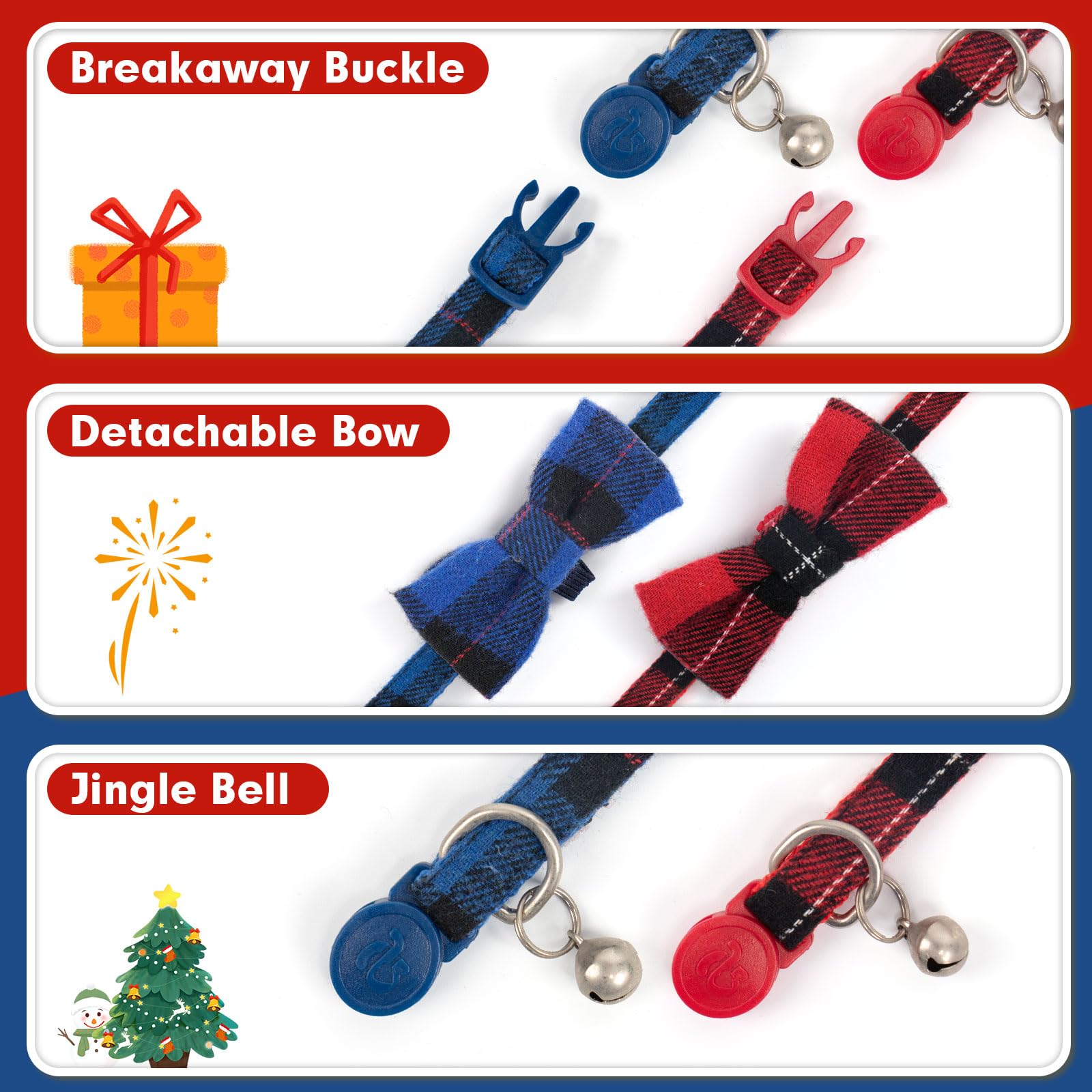 azuza Breakaway Katzenhalsband mit Glöckchen, 2 Stück, Sicherheitsschnallen, Kätzchenhalsbänder mit Fliege, klassisches Karomuster, verstellbar von 15,2 cm - 20,3 cm