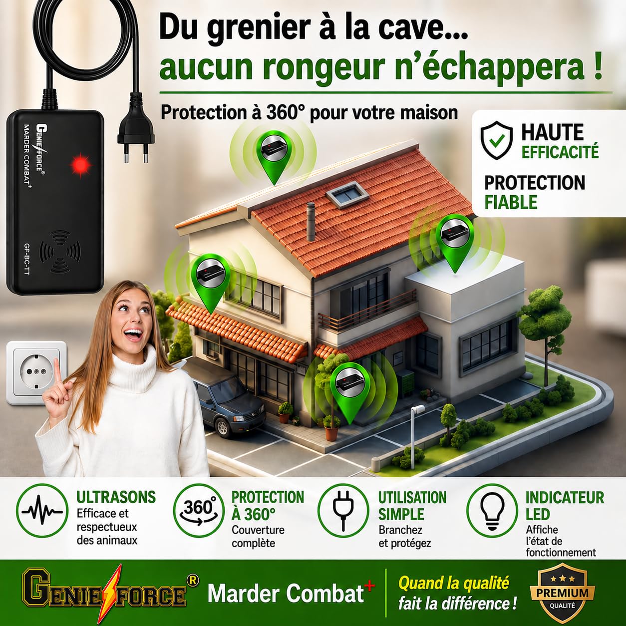 GF-BC-7T Combat + Protection intérieure contre les martres et les martres - Appareil à ultrasons - Répulsif contre les martres et les souris - Pour la maison, le grenier, la cave et le