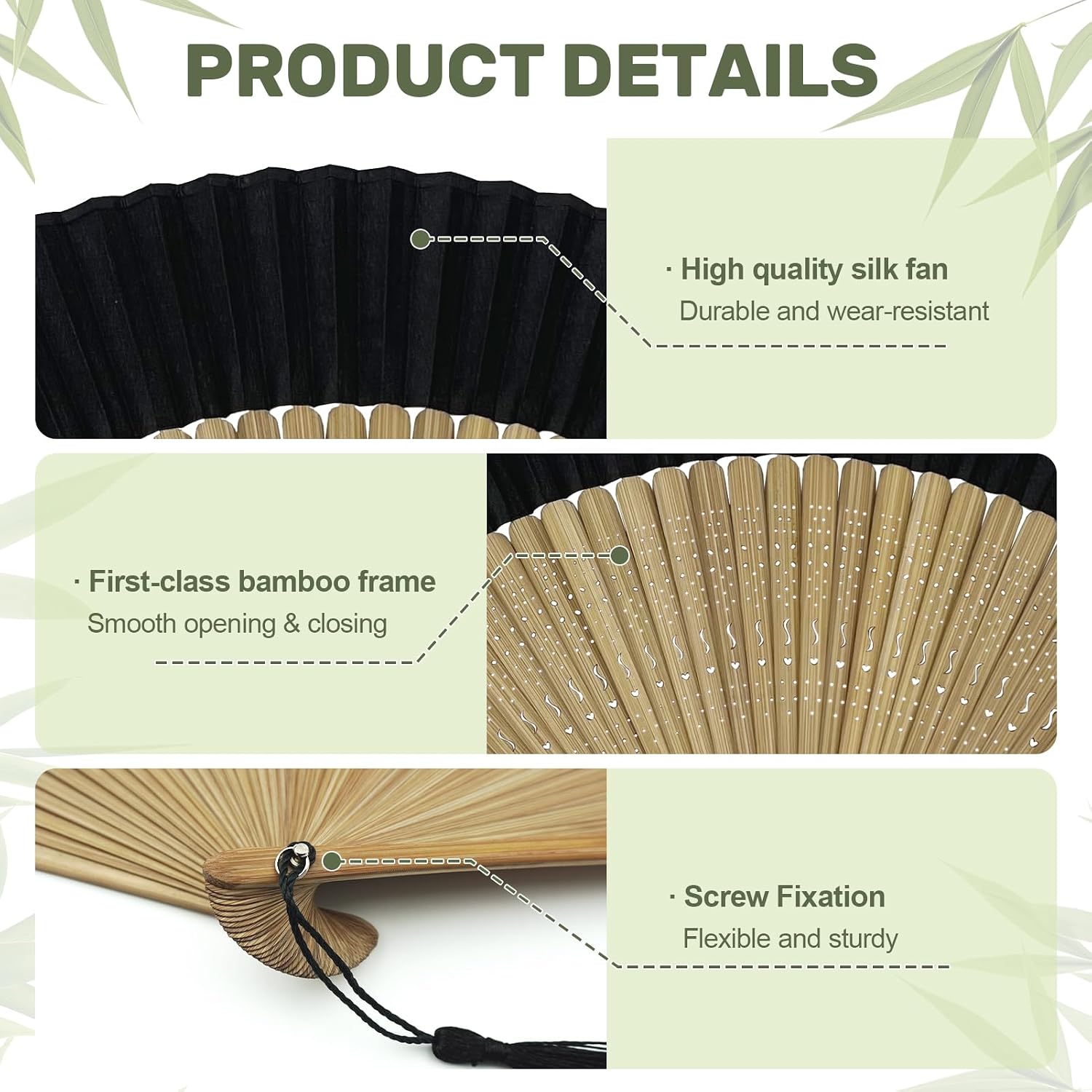 EOSAU 2 Pack Hand Fans for Women Foldable - Bamboo Silk Folding Fan Handheld, Fans for Line Dancing Wedding, Portable Bridal Party Favor, Elegant Church Performance Gift image 2