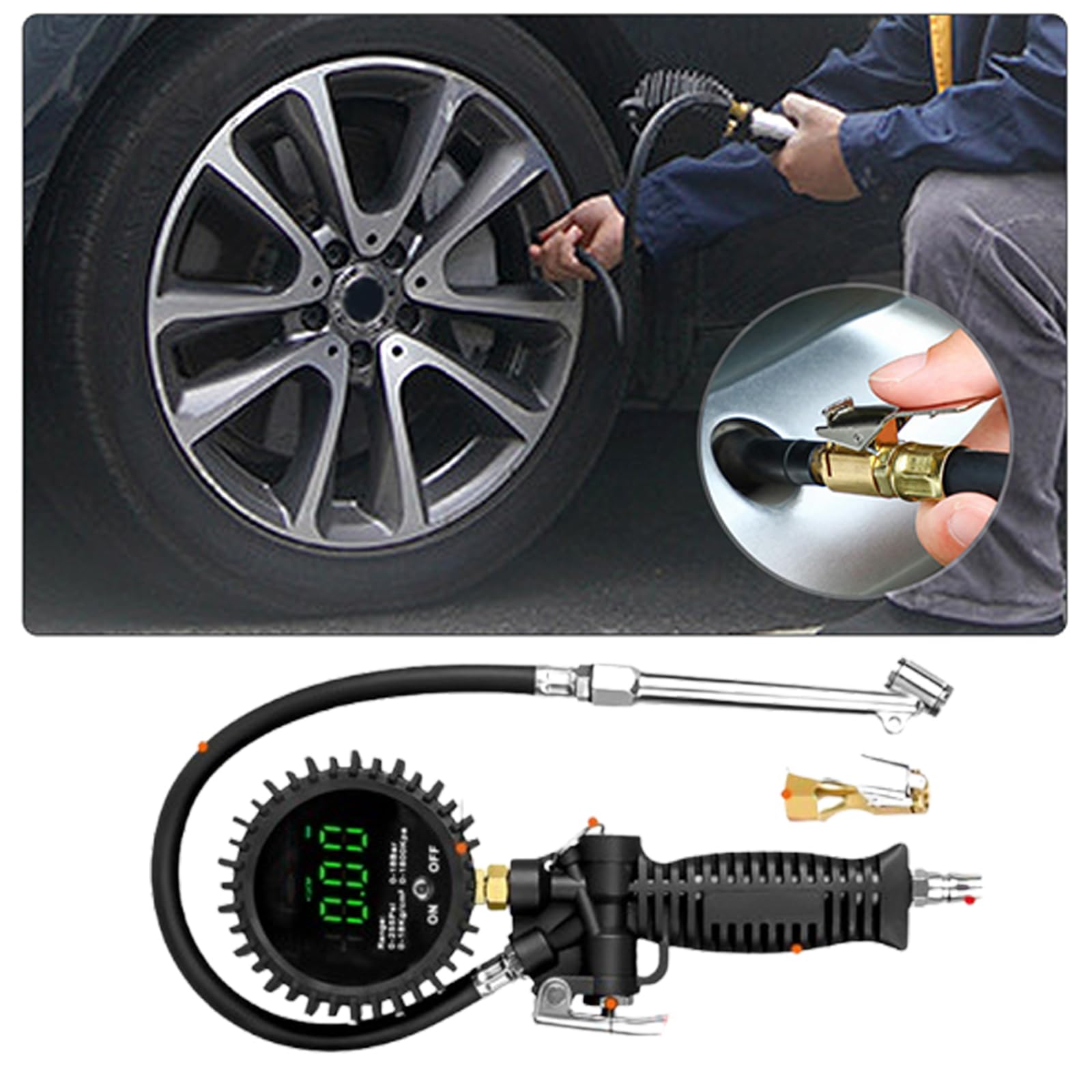 Integrierte Digitale Reifendruckprüfpistole, 0–255PSI, 0–18 Bar, Auto Luftpumpe mit Entleerungsfunktion, 4 Messeinheiten Umschaltbar