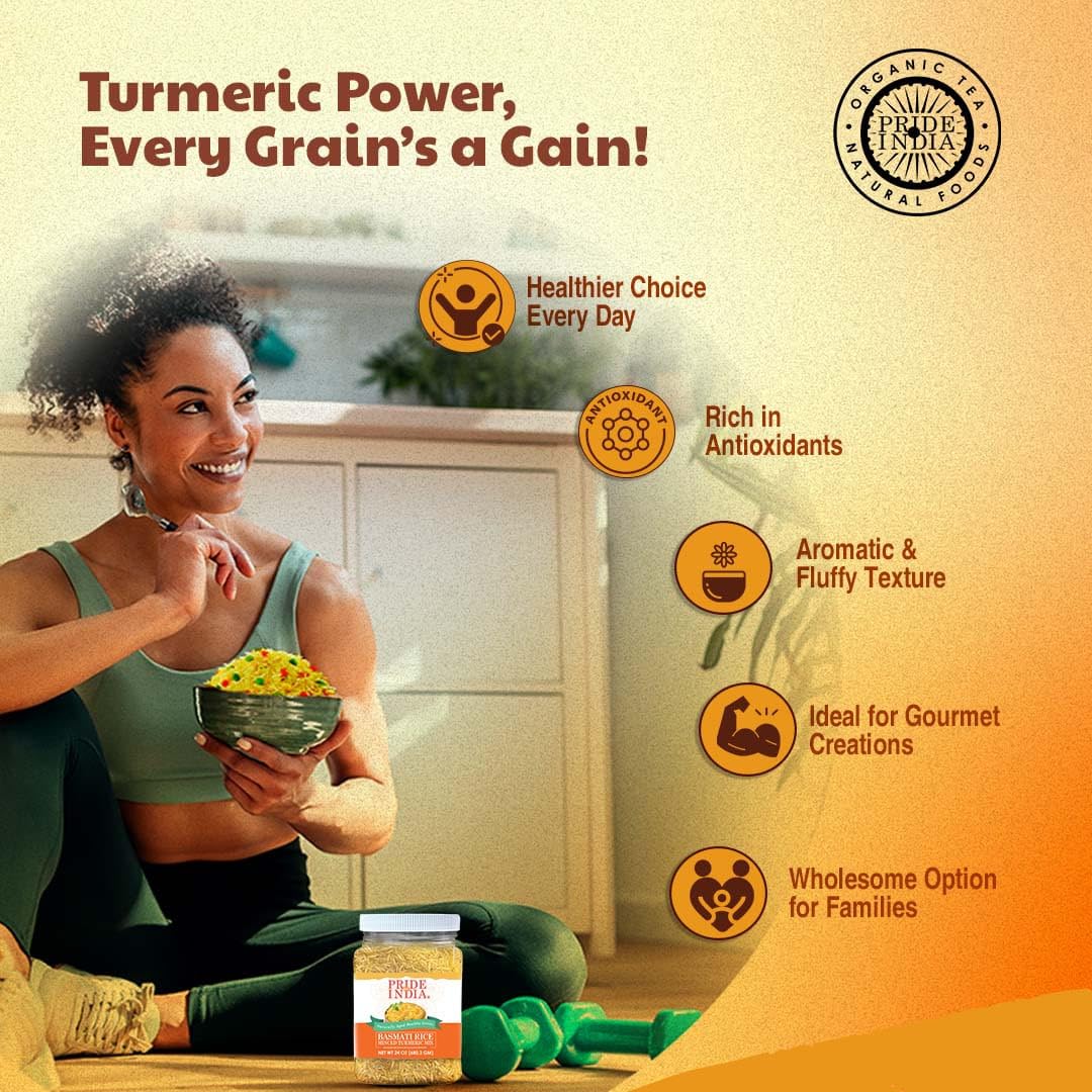 Pride of India | PACK of 6 Extra Long Basmati Rice with Minced Turmeric 24 oz (680.3 gm) | Naturally Aged Healthy Grain | Perfect for Pilaf, Biryani, Kitchari, Coconut Rice | Vegan, Non-Bioengineered, Gluten-Free image 4