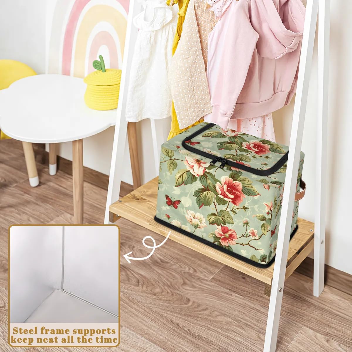 Vintage Flower Butterfly Storage Bins with Zipper Lid 2pcs Stackable Storage Baskets Boxes with Metal Frame Closet Storage Cube Bin Organizer with PU Handles Clothes Storage Bag