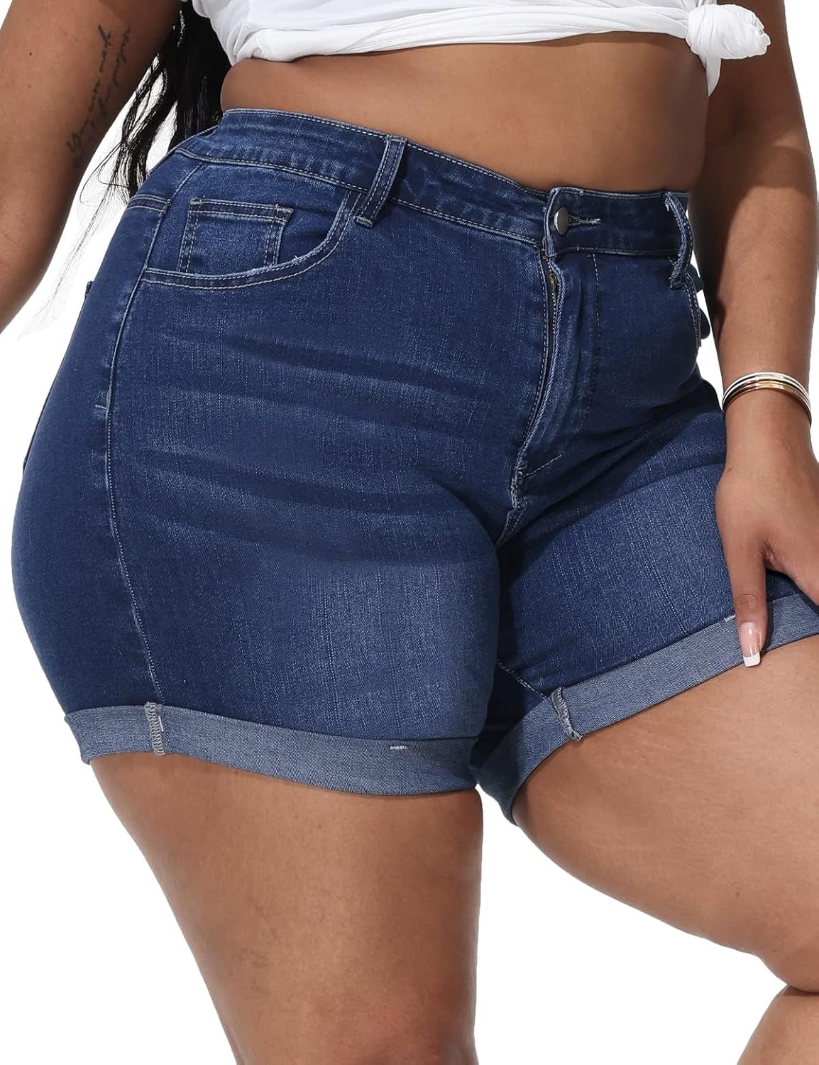 Womens Plus Size Jean Shorts Stretchy High Waisted Distressed Fold Hem Denim Shorts - Image 3