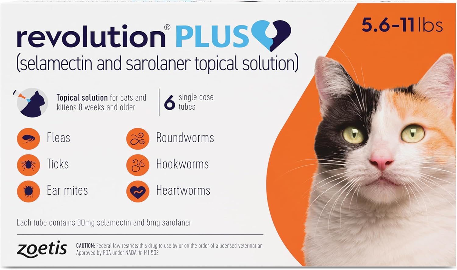 Revolution Plus (selamectin and sarolaner Topical Solution) for Cats, 5.6-11 lbs (Orange), 6 Tubes