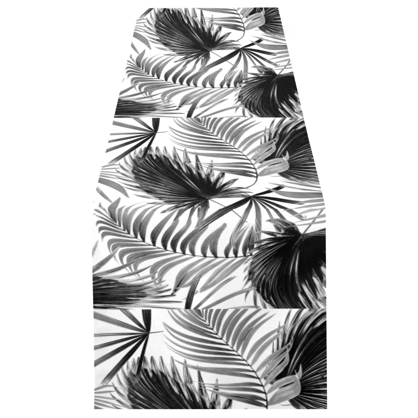 Poeticcity Multi 19 Vintage Seamless Black Tropical Palm Leaves On White Background 14" X 108" Rectangle Table Runner Long Tablecloth Placemat For Party Home Decor Indoor Outdoor Office Kitchen Dining Wedding