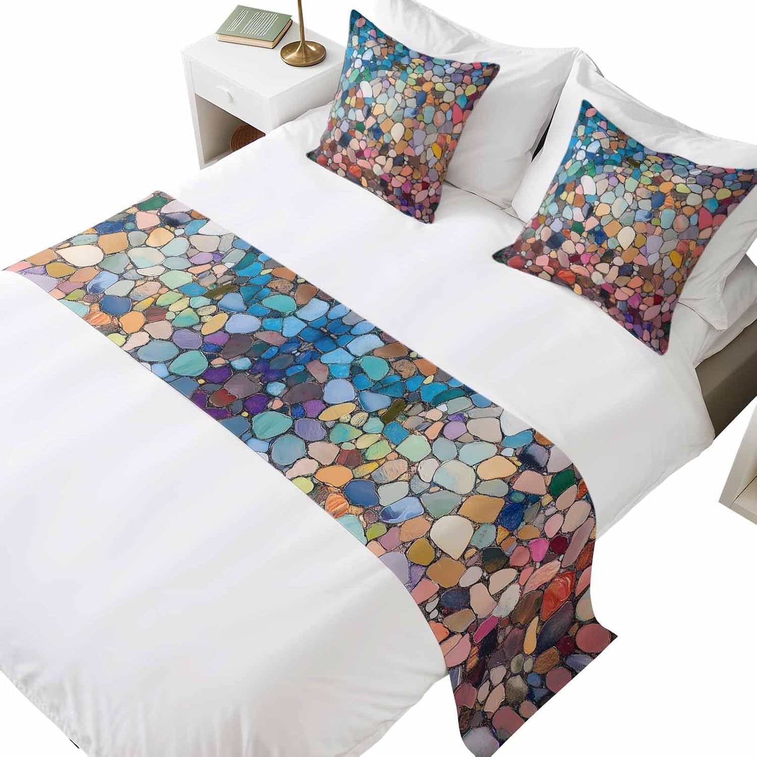 Colorful Stone Bed Runners for Full/Queen Size Bed, Rainbow Abstract Oil Painting Brushwork Bedroom Hotel Wedding Room Bedding Scarf Protector Beds Scarves Throw for Foot and Pillowcase Set 18x18in