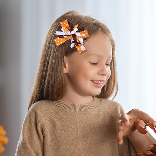 Miniatura 4 de Pinzas de cocodrilo para el pelo de otoño, para niñas, color naranja, lunares, rizados, con cinta, bola de flores, pasadores de animación, pasadores
