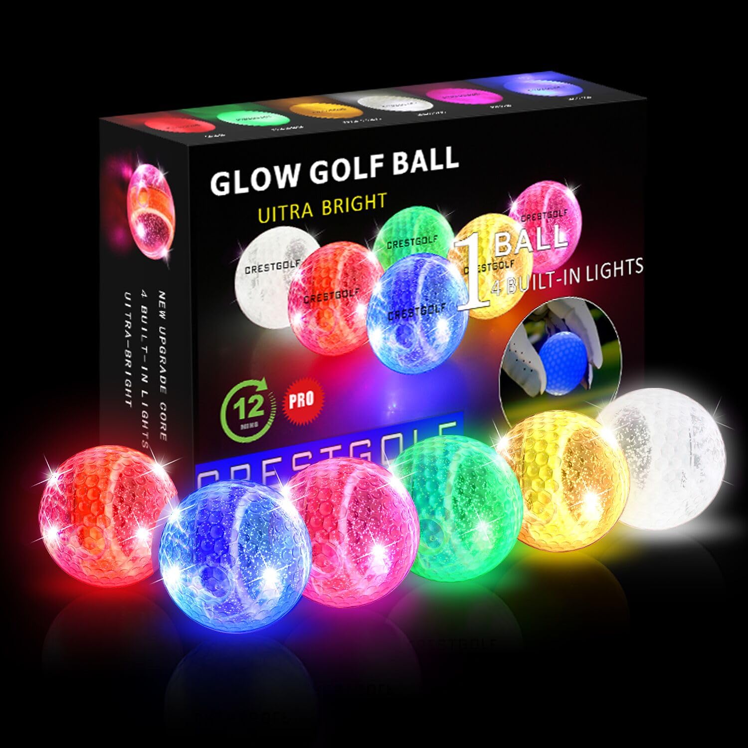 CRESTGOLF 3 unidades/6 bolas de golf LED brillantes para la noche, 4 luces LED, bolas de golf muy brillantes y perfectas para golf de larga distancia