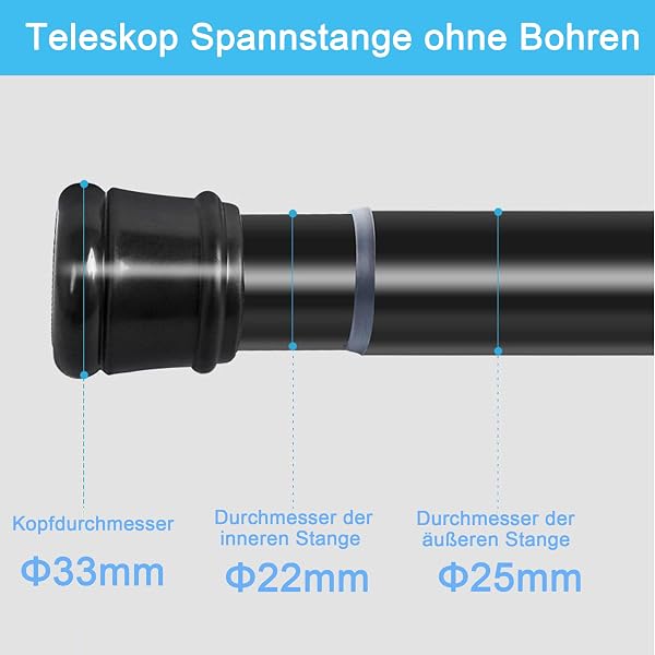 1Stück Vorhangstange Ohne Bohren Spannstange Teleskopstange Vorhang für Badezimmer, Fenster, Kleiderschrank 83-160CM Schwarz(Durchmesser 25mm) - 5