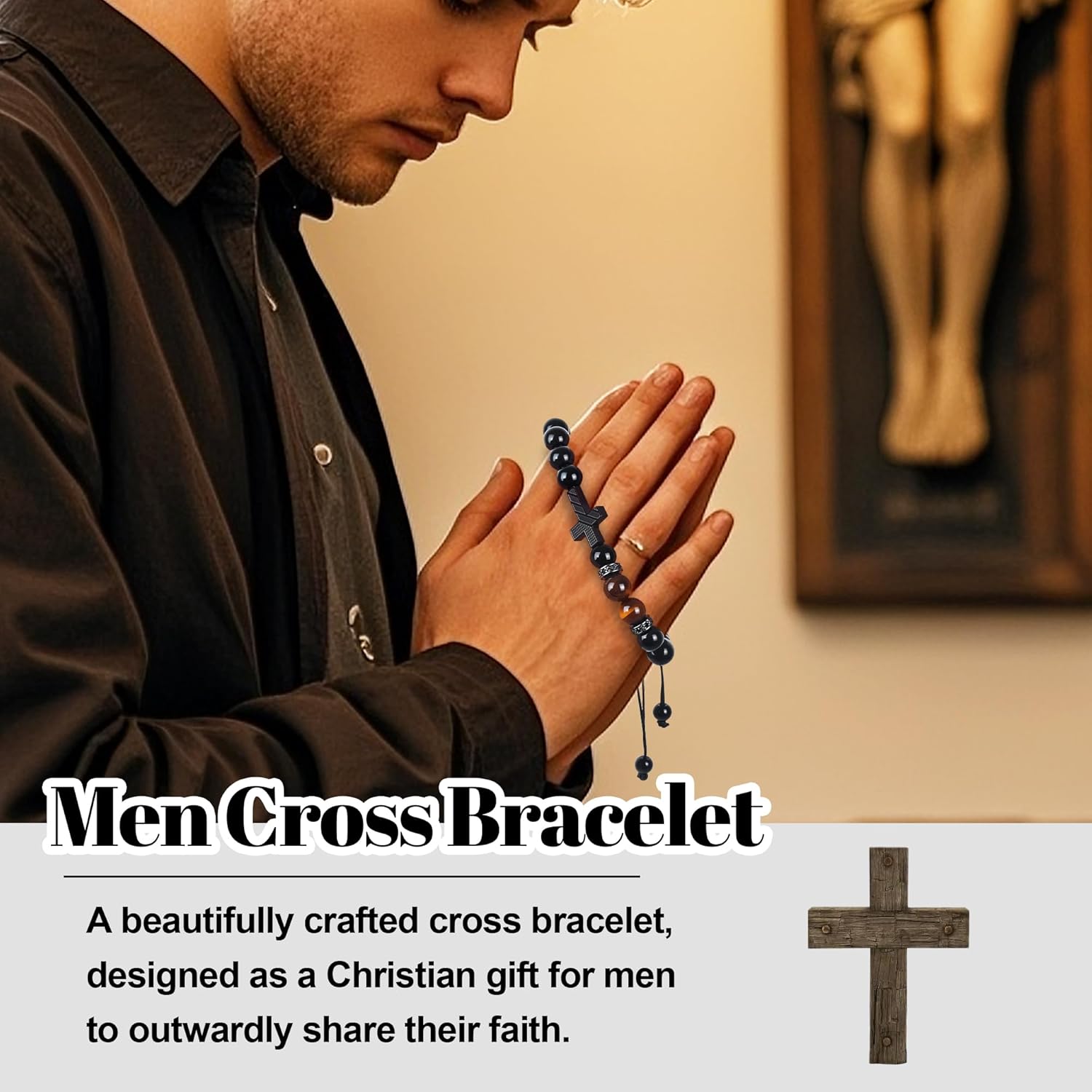 Cross Bracelet for Mens Gifts - 8mm Tiger Eye Natural Beads, Stainless Steel Cross Pendant Charm, Religious Christian Easter Baptism Christmas Bracelets Jewelry for Dad Husband Brother - Image 2