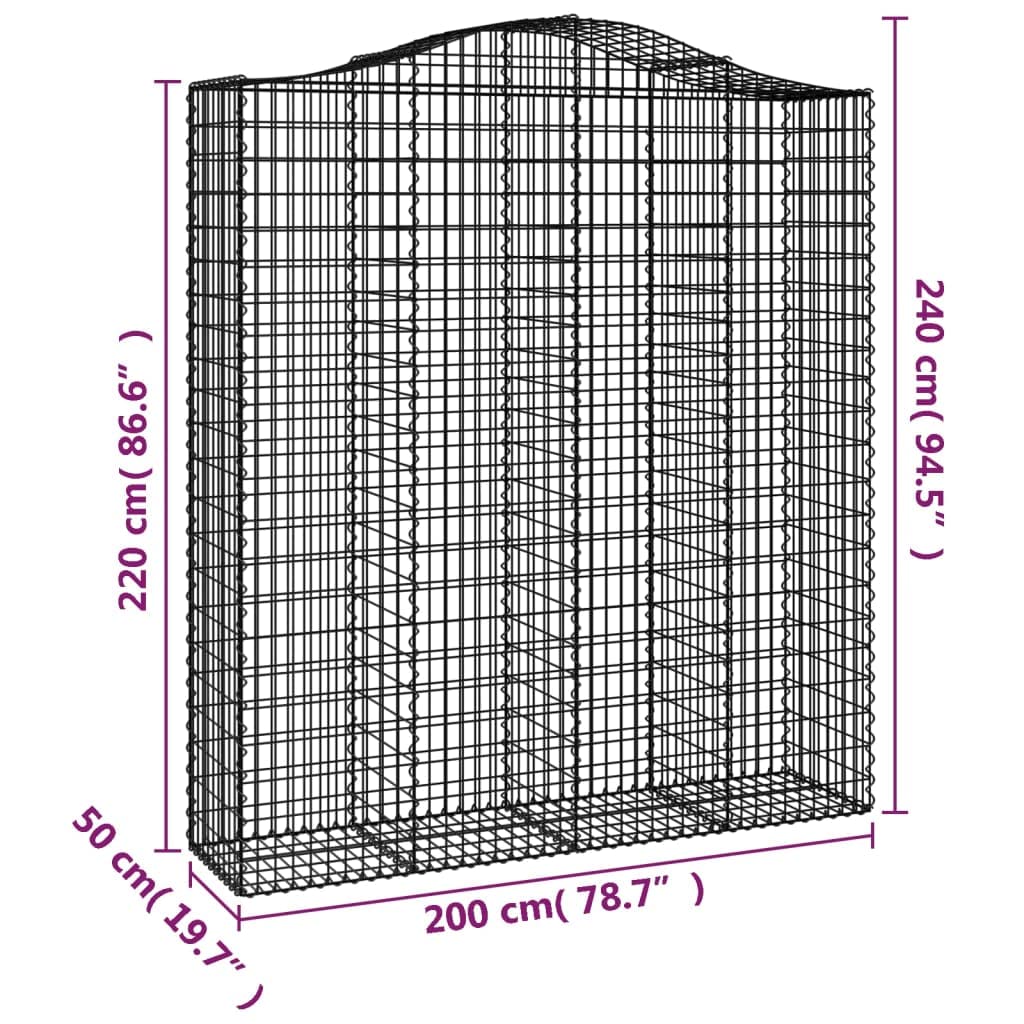 Cestas de gaviones plateadas, 8 × 200 x 50 x 220/240 cm, 3,5 mm galvanizado, valla de jardín, arco alto, cortavientos/protección visual