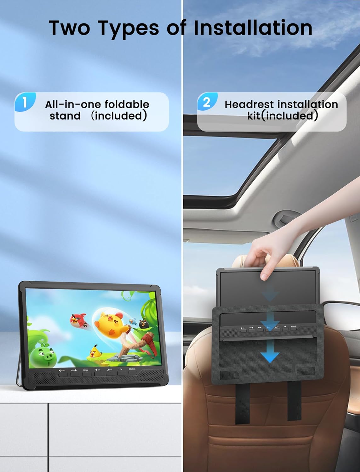 Two types of installation for the portable TV: an all-in-one foldable stand for desktop use and a headrest installation kit for car use.