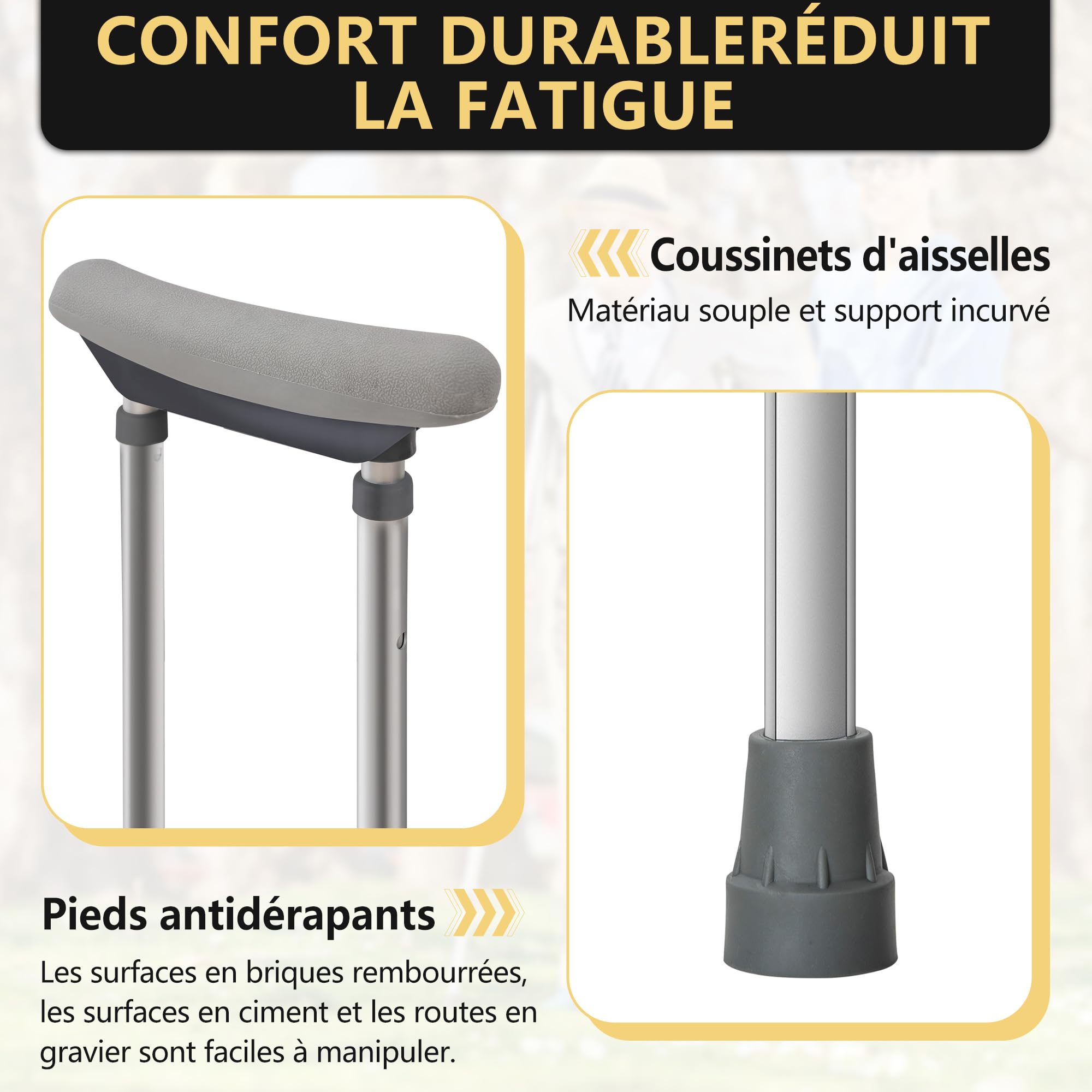 Béquille Réglables pour Adultes(x2 Unités), Capacité de Charge 150KG, 1 Paire Canne Pliable en Aluminium avec Coussinets sous les Aisselles et Pieds Antidérapants, 1 Paire de Bequille