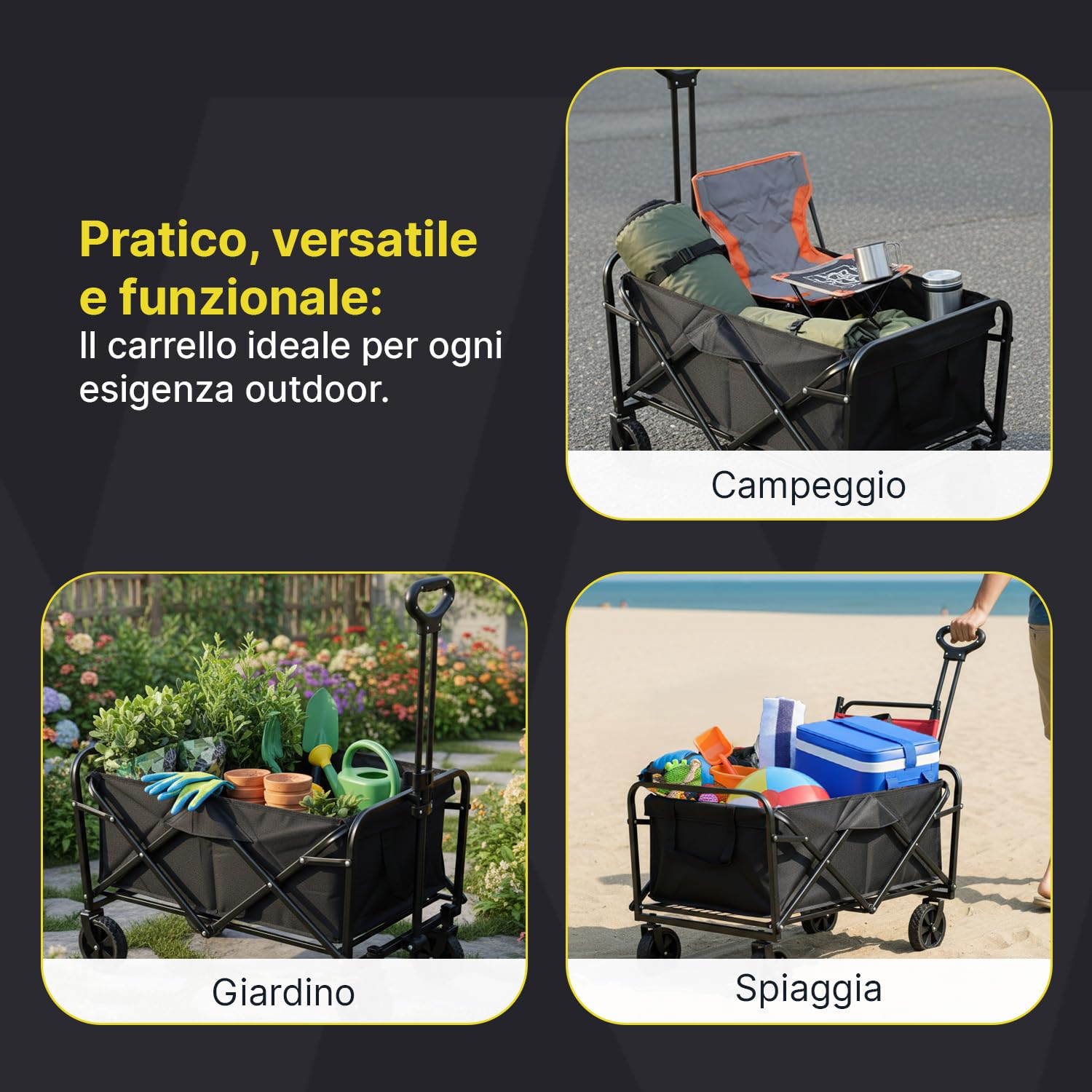 Avilia - Carrello con Ruote Portatutto Pieghevole 72x47x60/85 cm in Acciaio Antracite, Portata 90 kg, Richiudibile Salvaspazio per Spesa, Spiaggia, Campeggio e Giardino