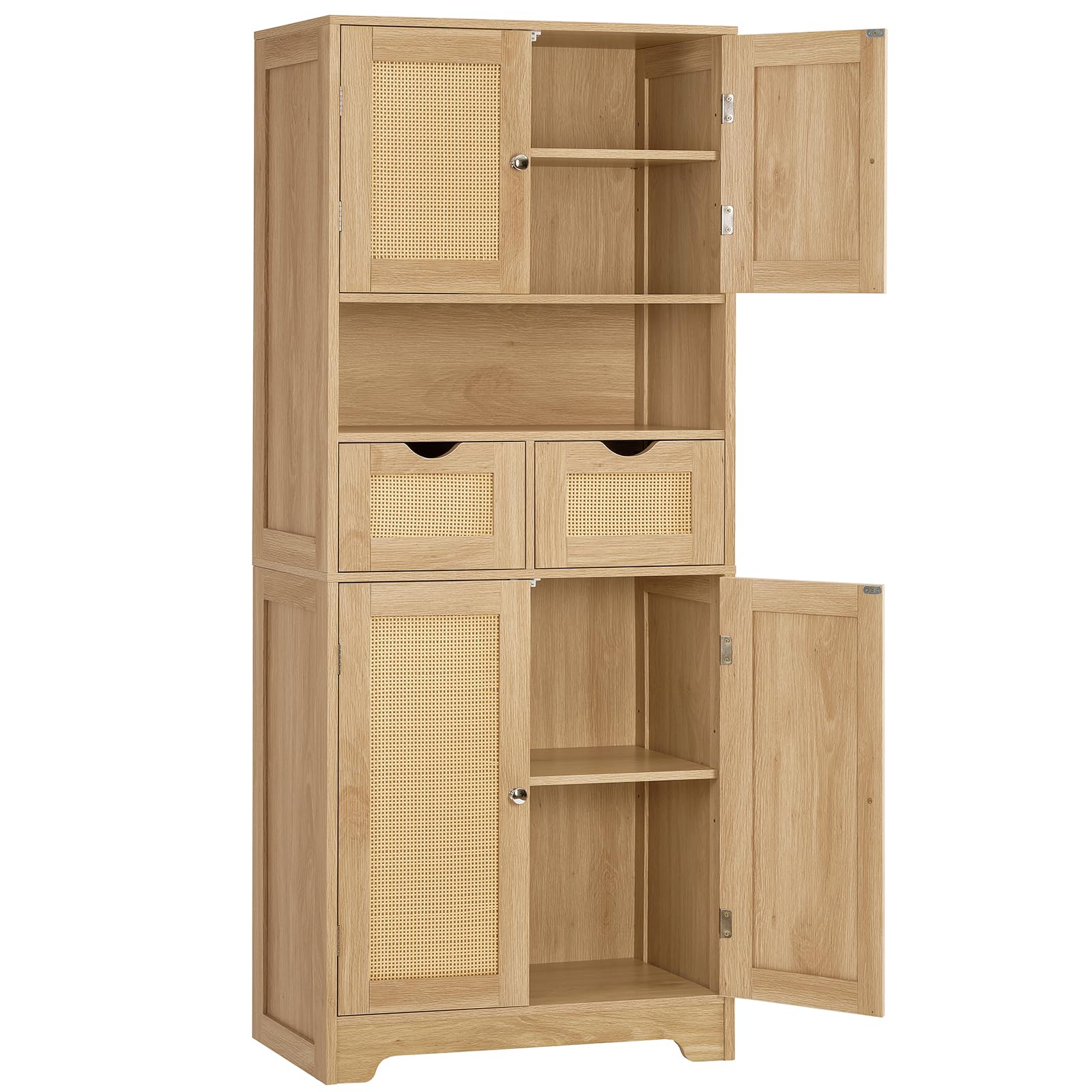 Iwell Tall Storage Cabinet with 2 Drawers & Adjustable Shelves, Rattan Cabinet, Kitchen Storage Cabinet, Pantry Cabinet with 4 Doors, Tall Cabinet for Living Room, Kitchen, Home Office, Natural