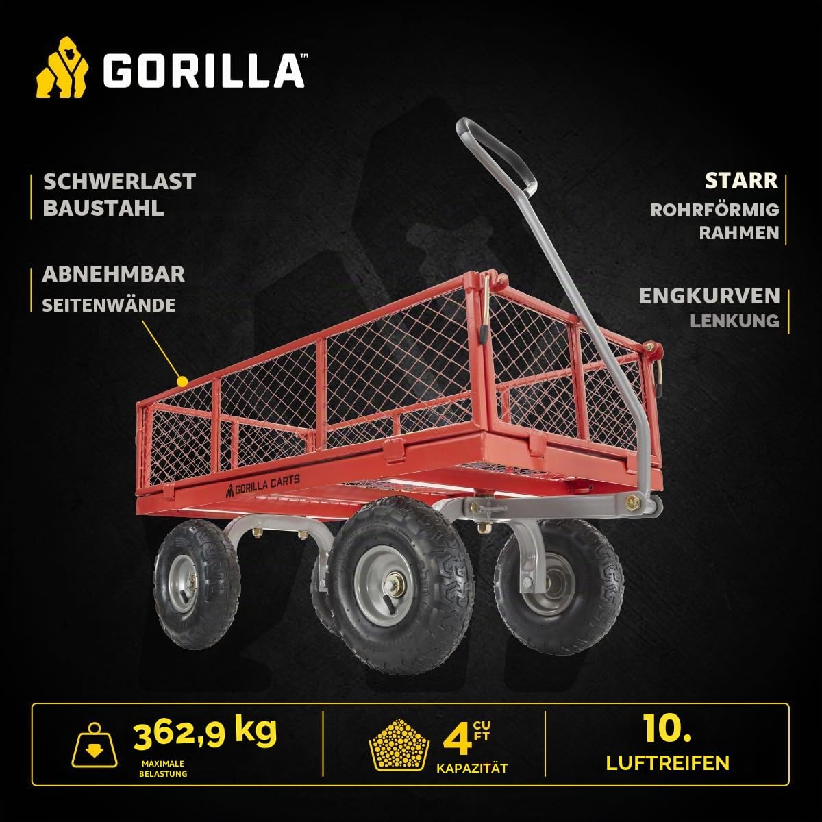Gorilla Wagen, 362,9 kg Kapazit�t, robust, Robustes Stahlgeflecht, wandelbar, Flachbett, Garten, Outdoor, Transport, Nutzfahrzeug, Wagon, schwarz
