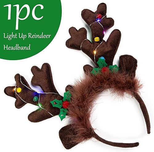 Miniatura 2 de LovesTown Diadema de cuernos de reno iluminada, diadema de reno de Navidad, diadema de reno de felpa LED para disfraz de fiesta de Navidad
