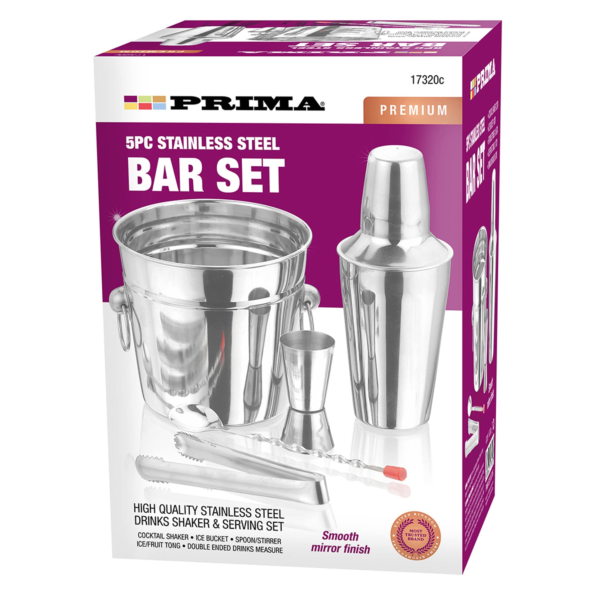 Prima Kitchenware New Stainless Steel Bar Set 5pcs Cocktail Shaker Ice Bucket Stirrer Ice Tongs Serving Set