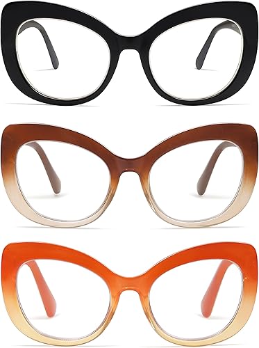Miniatura 6 de AMOMOMA Paquete de 3 elegantes lentes de lectura de gran tamaño con ojo de gato para mujeres, lectores de moda, anteojos cuadrados de luz azul,