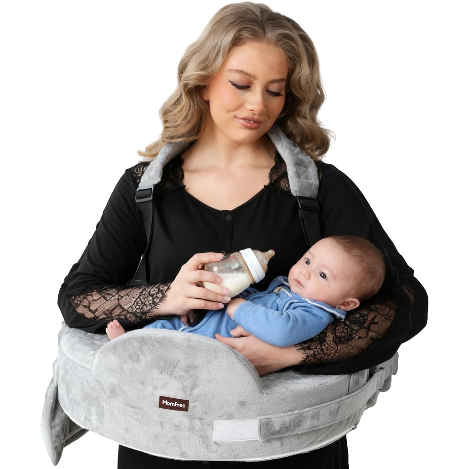 Momfree Nursing Pillow for Standing & Sitting - Memory Foam Breastfeeding Pillow with Safety Fence, Waist Belt & Removable Cover