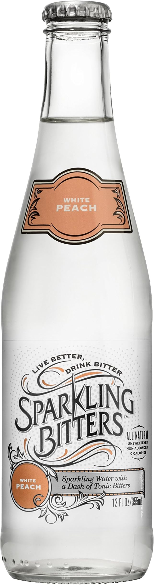 Sparkling Bitters Water, White Peach, 12 oz glass-bottle (Pack of 12)