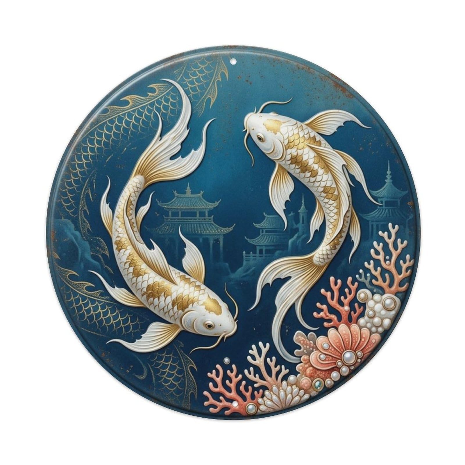 Koi Carp Azure Dragon Palace Japanese Zen Pond Harmony Metal Tin Sign Plaque Wall Decor for Cafe, Man Cave, Club Bar, Office, Home Garden Round Metal Poster 8x8Inch