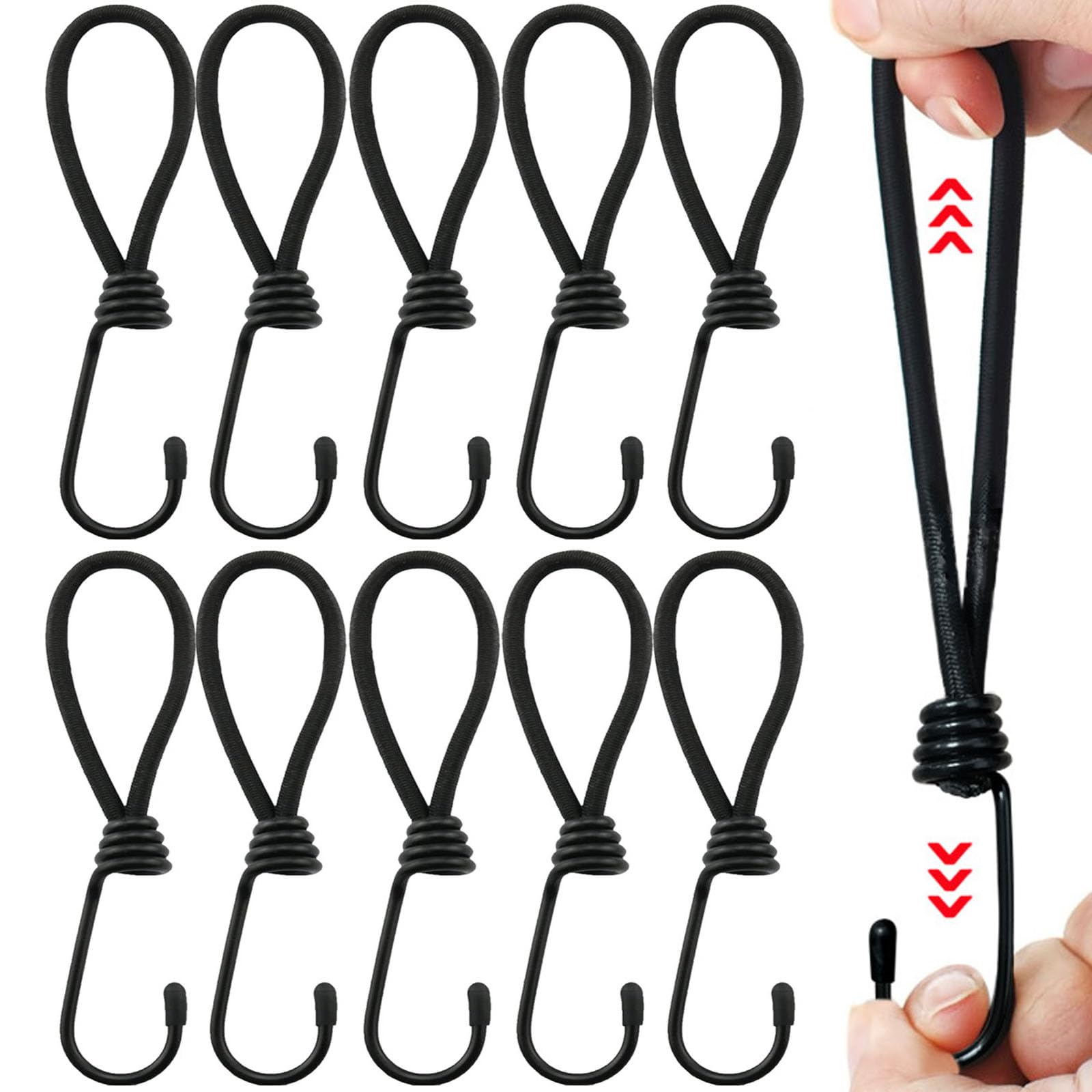 10 Pcs Bungee Cord Set including Hooks and Carabiner Clips - 7 Inch for Tarpaulin Luggage, Camping, Bikes, Banners