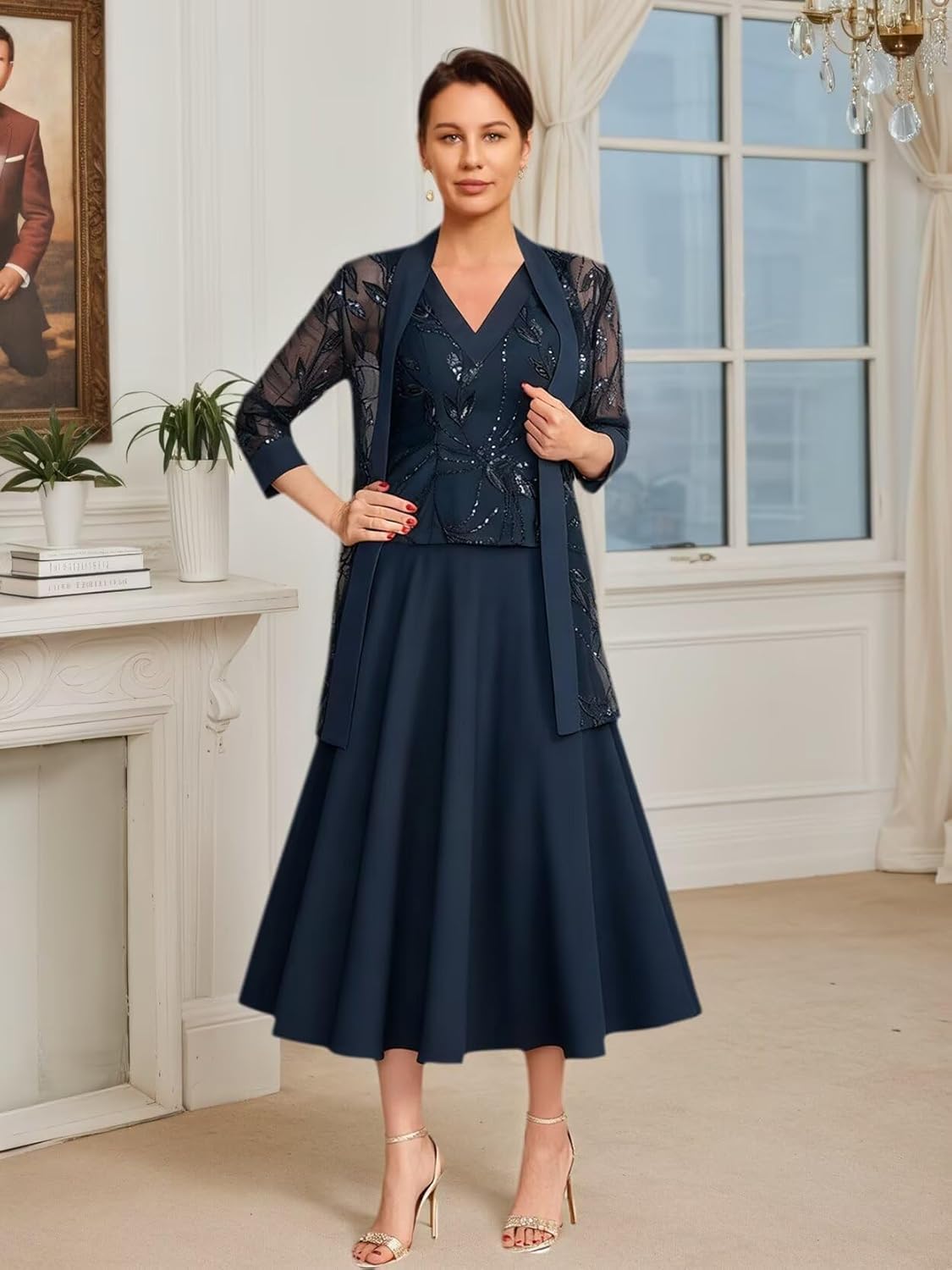 2 Piece Mother of The Bride Dresses 3/4 Sleeves Chiffon Sequins Tea Length Formal Evening Gown - Image 2