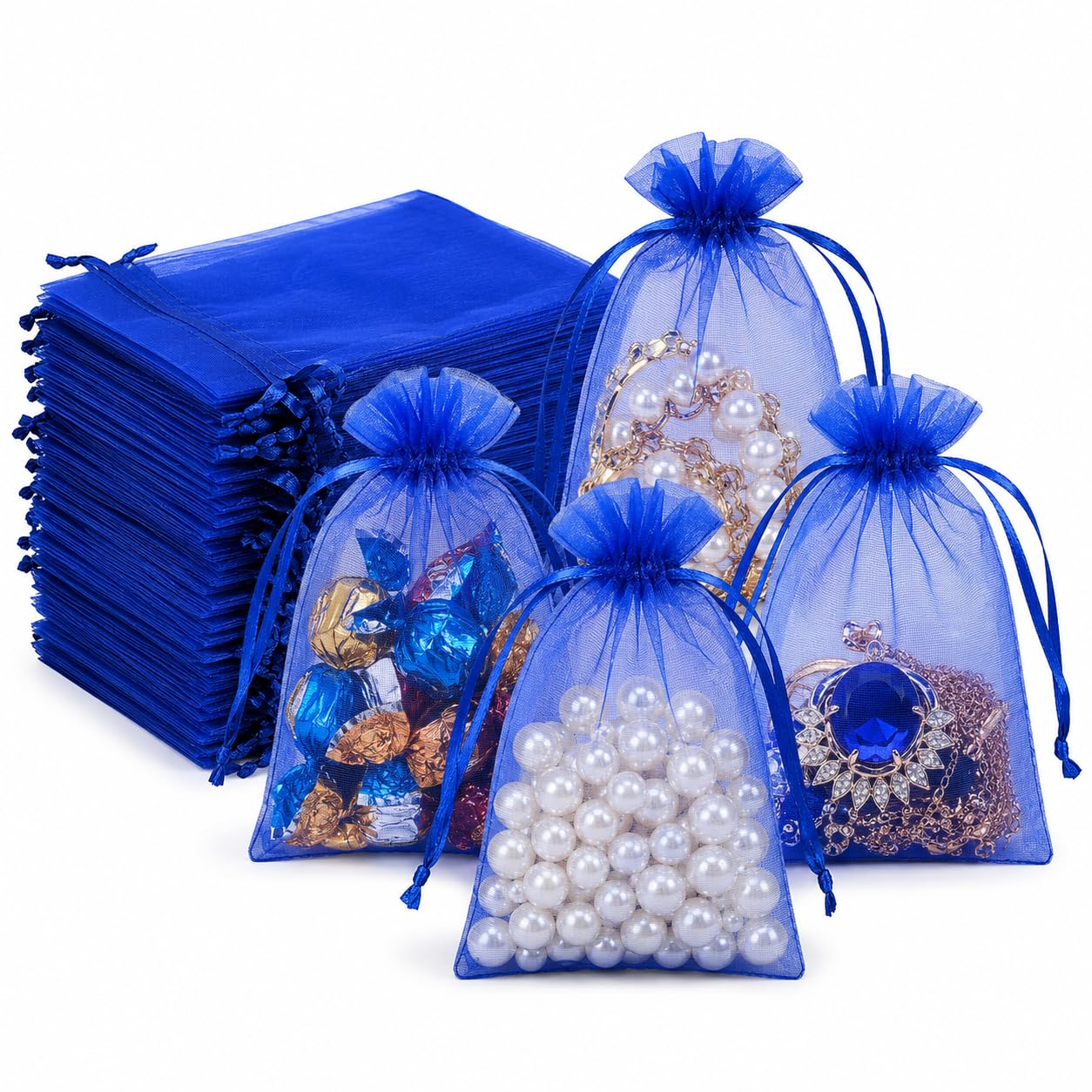 Hopttreely 50 Pcs Royal Blue Organza Bags 4x6 Inch, Premium Mesh Drawstring Gift Pouches for Wedding Christmas Jewelry &amp; Party Favors