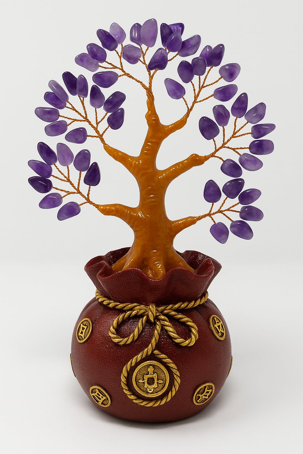 JRose Collections Amethyst Gem Tree with Money Bag Base – Feng Shui Crystal Tree of Life for Wealth, Positivity & Spiritual Energy – Handmade Decor for Home, Office, Meditation, Gift