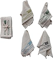 Creative Co-Op 4-Pack Square Cotton Linen Embroidered Napkins with Utensils - Natural 18x18 Farmhouse Dining Table Linens