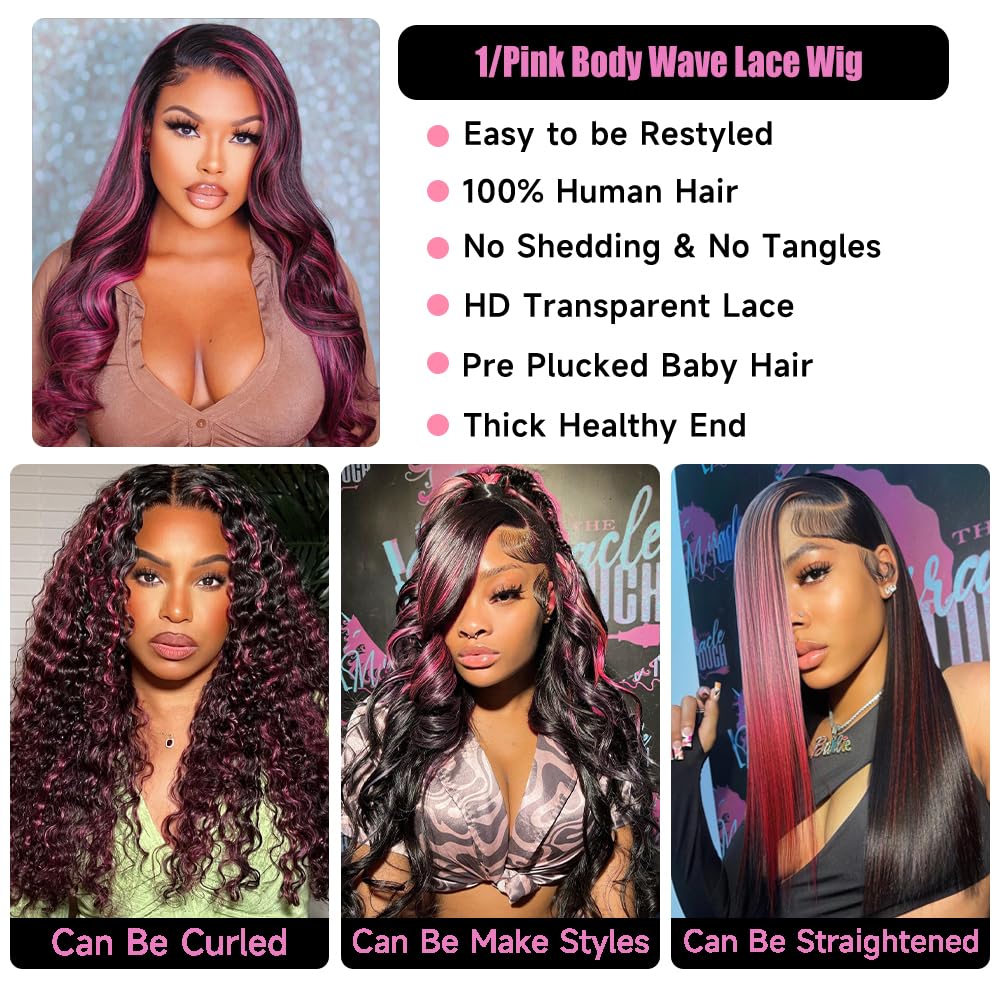 KeaBalo Ombre Lace Front Wig Human Hair Skunk Stripe Human Hair Wigs 13x4 Hd Lace Frontal Body Wave Highlight Pink Human Hair Wig Pink and Black Colored Wigs Human Hair 180% Density 22 Inch