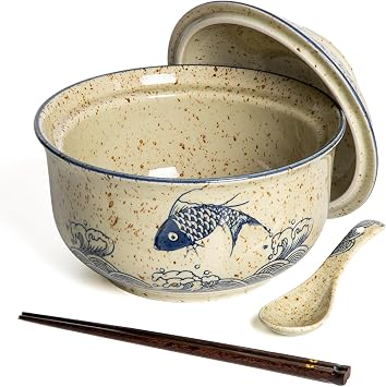 Ceramic Ramen Bowl Set Ramen Noodle Bowl with Lid 27oz Japanese Retro Style Soup, Pho, Udon Bowls, Matching Spoons and Chopsticks for Microwave & Dishwasher Safe, Fish