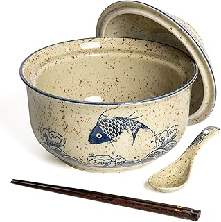Ceramic Ramen Bowl Set Ramen Noodle Bowl with Lid 27oz Japanese Retro Style Soup, Pho, Udon Bowls, Matching Spoons and Chopsticks for Microwave & Dishwasher Safe, Fish