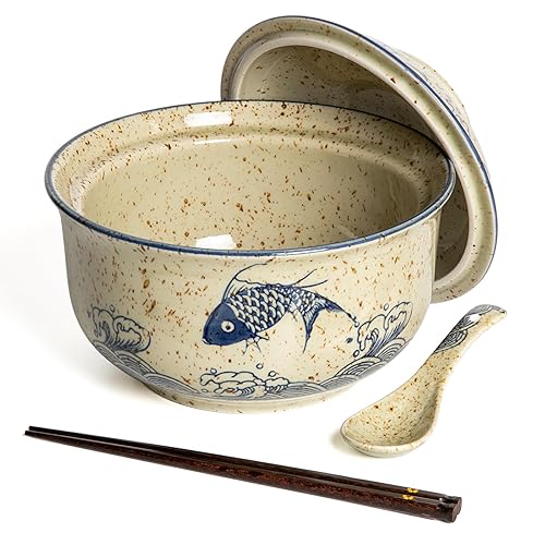 Niturceal Ceramic Ramen Bowl Set Ramen Noodle Bowl with Lid 27oz Japanese Retro Style Soup, Pho, Udon Bowls, Matching Spoons and Chopsticks for Microwave & Dishwasher Safe, Fish - Fish - 1 PC