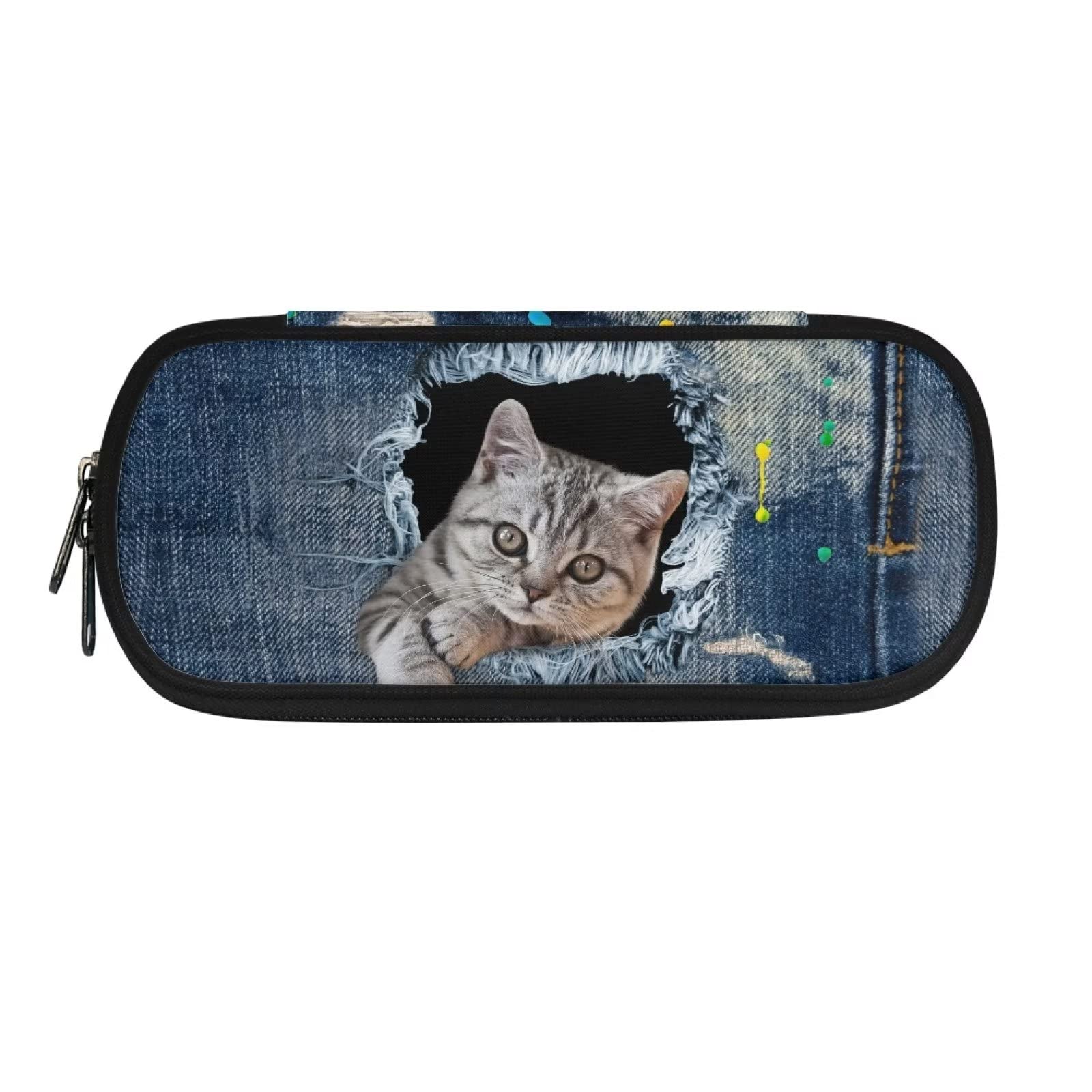 Dolyues Denim Cat Pencil Case Large Pencil Cases for Boy Girl Pencil Pouch Pen Bag with Compartments School Stationery Supplies for Kid Student, Animal — image 1