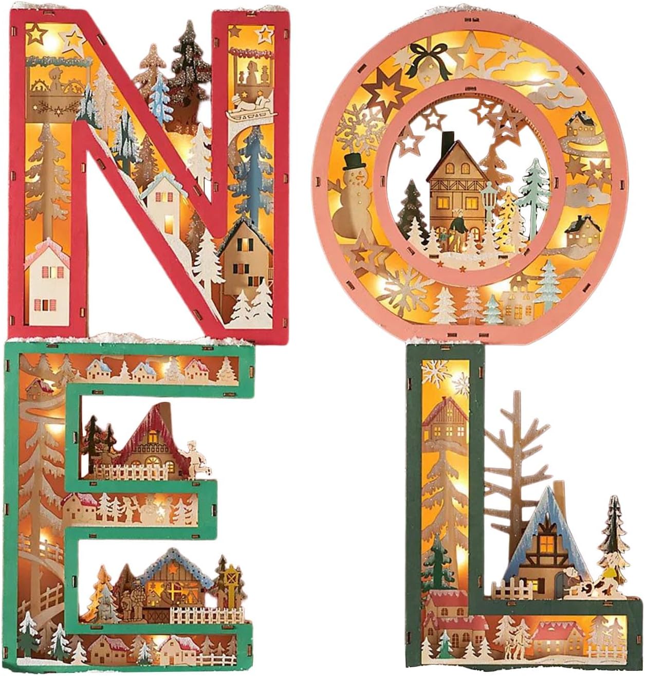 Glowing Wooden Christmas Decoration with Led Light Hollowed Letter Wood Desk Lamp for Mantels Shelf Entryway Display Carved Wood Letter Desk Led Light Holiday Decoration