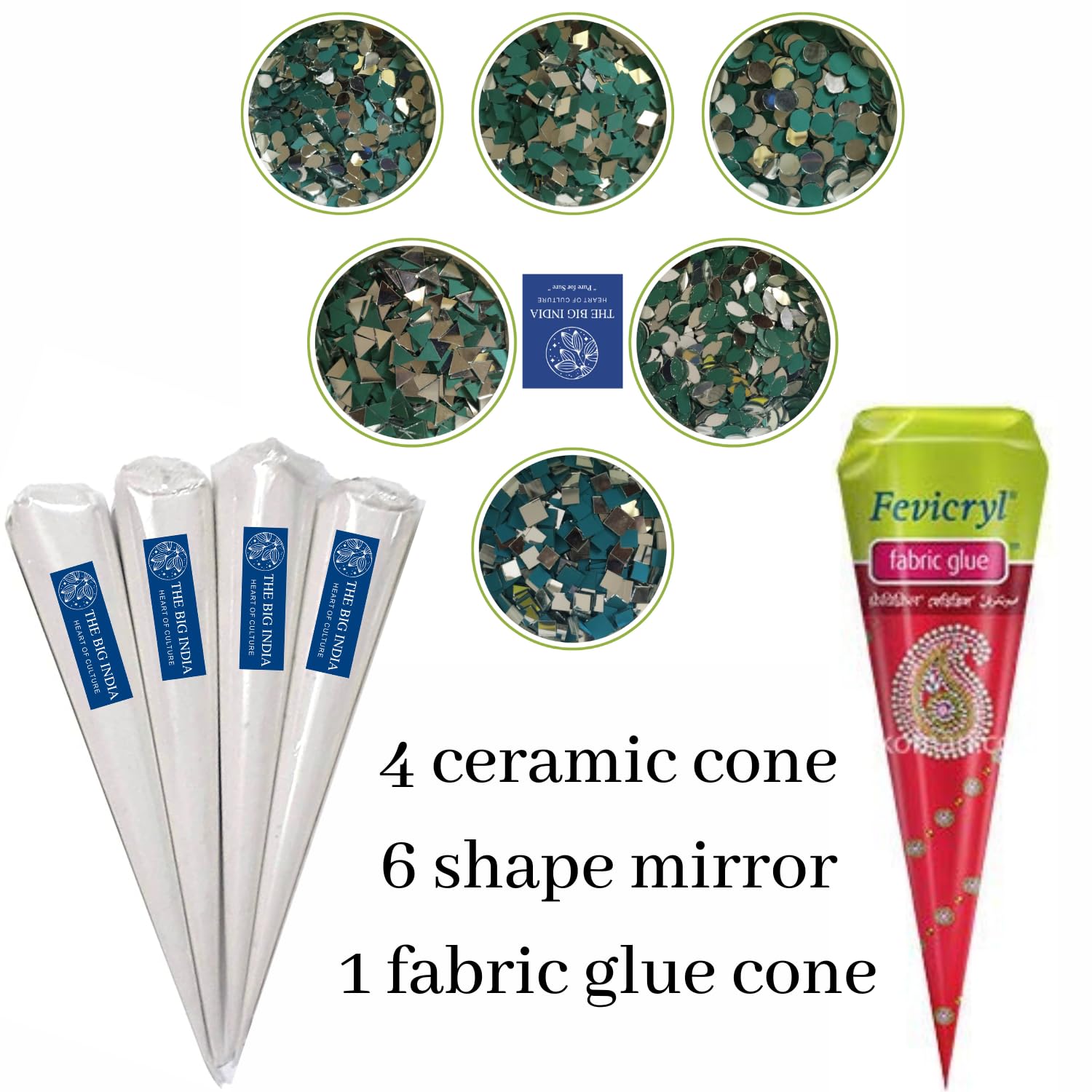 Ceramic Cones & Mirror for lippan Art & Craft with Free Glue Cone, Mandana Art, Texture Art, Pottery, Liner, DIY Decorative Purposes (Pure for Sure) (6 Mirror and 4 Cone)